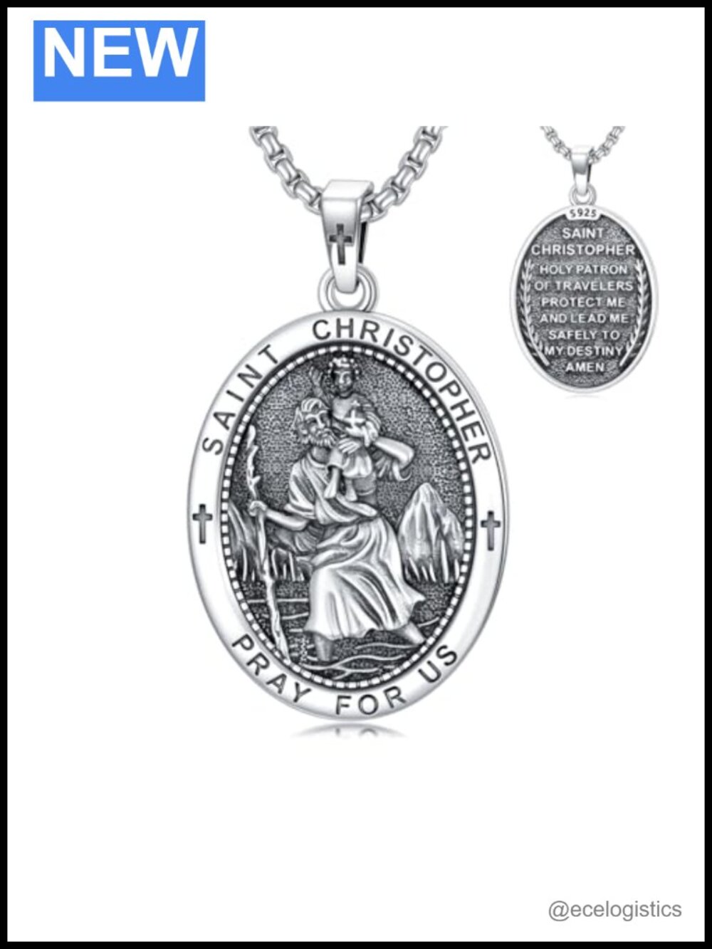 Saint Christopher Necklace 925 Sterling Silver Pendant Medal with Gift Box